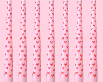 Hearts painted candle. Painted candle. Pink painted candle. Painted taper candle. Hand painted candles. Valentines candle.