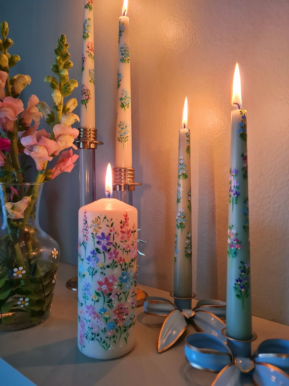 Flower Painted Candle. Painted Candle. Floral Painted Pillar