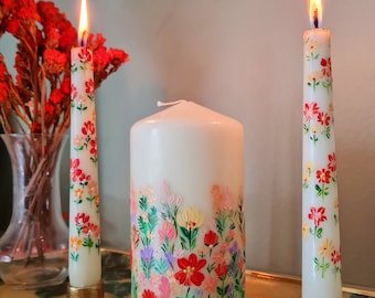 Flower painted candle. Painted candle. Floral painted pillar candle. Pillar candle. Wedding candle. Hand painted candle. Painted pillar.