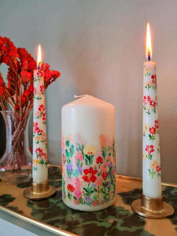 Flower Painted Candle. Painted Candle. Floral Painted Pillar