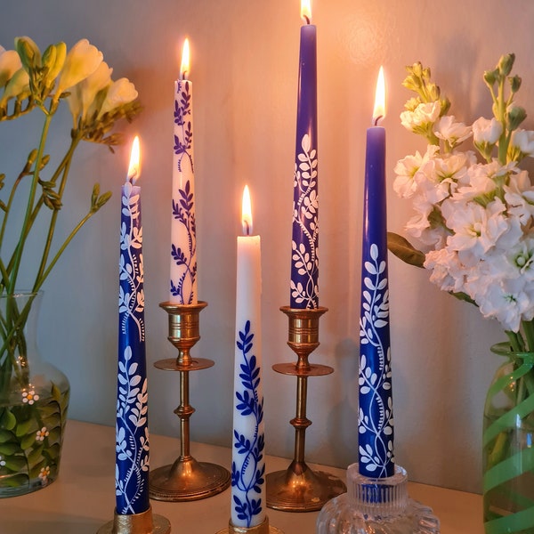 Blue Floral painted candle. Painted candle. Floral painted candle. Taper candle. Wedding candle. Hand painted candles.