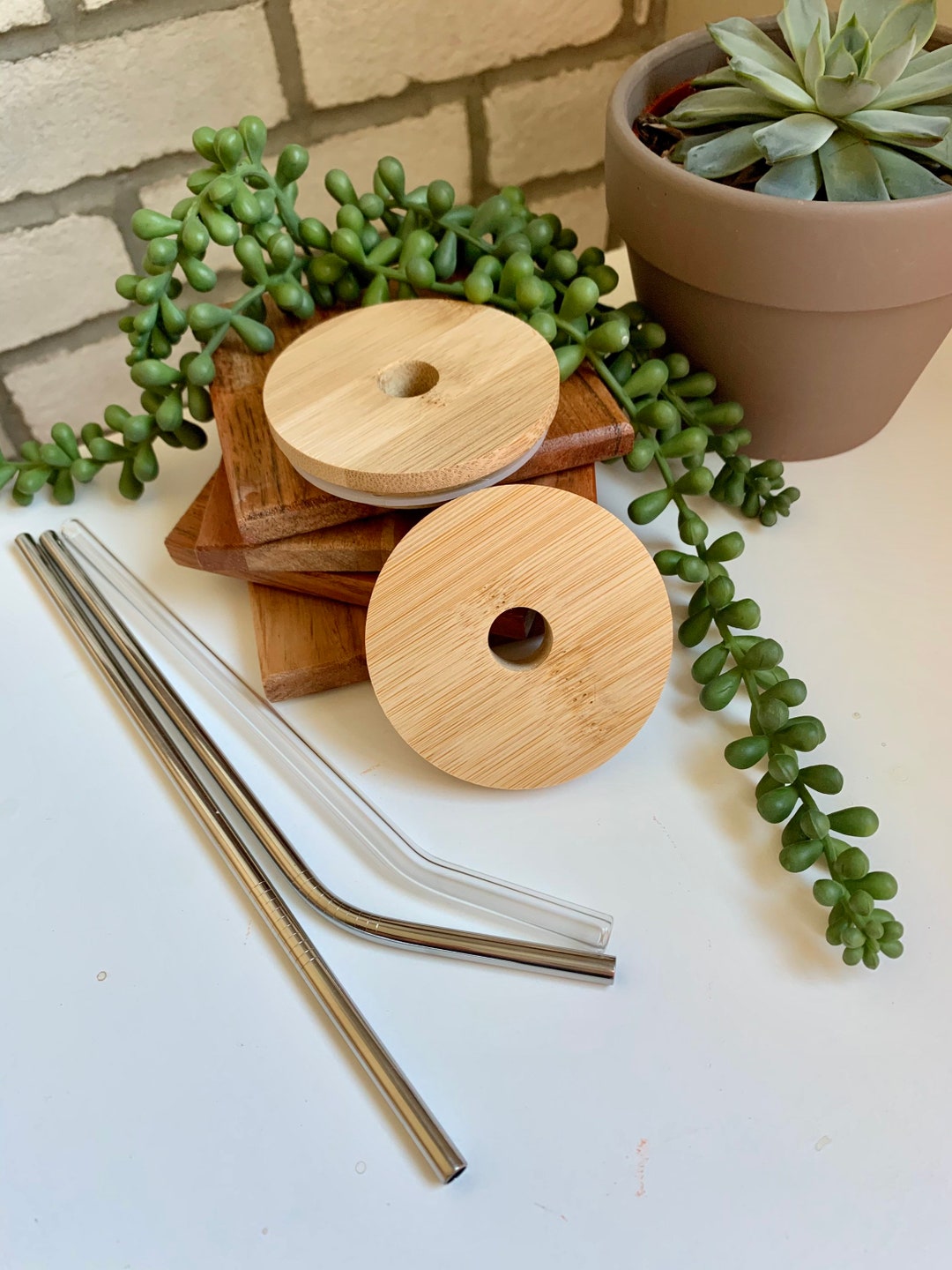 Beer Can Glass Bamboo Lid and Straw Glass Straw Metal Straw Etsy