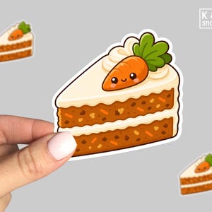 May include: A sticker featuring a slice of carrot cake with white frosting and a smiling carrot on top. The cake has a brown, textured appearance. Additional smaller cake slice stickers are in the background. The sticker has a white border and the text "K & O STICKERS".