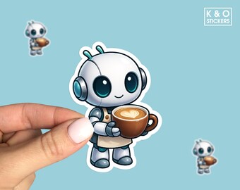 May include: A white robot sticker with teal accents holding a brown coffee cup with a heart design. The robot has large, expressive eyes and is wearing a small apron. The sticker has the text "K & O STICKERS" in the upper right corner. The background is light blue.