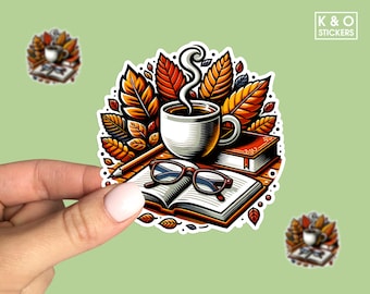 Cozy Coffee and Books Sticker, Autumn Leaves Reading Scene, Fall Aesthetic Vinyl Decal