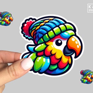 Cute Parrot with Winter Hat Sticker | Tropical Bird Decal for Laptops, Water Bottles, Scrapbooks