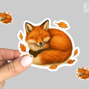 Cozy Autumn Fox Sticker – Sleeping Red Fox with Fall Leaves – Woodland Animal Waterproof Decal