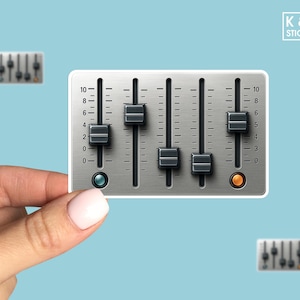 May include: A silver sticker of a sound mixer with five sliders, a blue and an orange button, and a scale from 0 to 10. The sticker is held by a hand against a light blue background. The text "K & O STICKERS" is in the upper right corner.