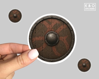 Viking Shield Sticker – Nordic Wooden Shield with Runes, Medieval Warrior Armor Vinyl Decal