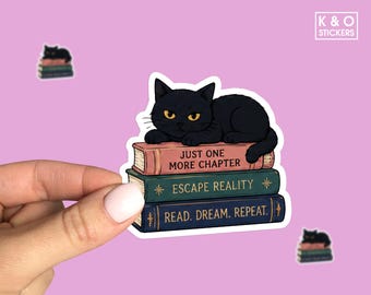 Black Cat Book Lover Sticker - Just One More Chapter Vinyl Decal, Reading Lover Gift, Cozy Bookish Laptop Water Bottle Sticker
