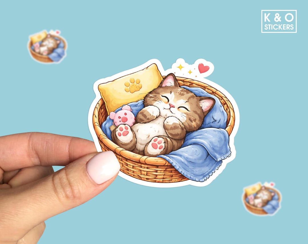 Sleeping Cat Sticker Cute Kawaii Kitten Vinyl Decal, Cozy Cat Basket ...