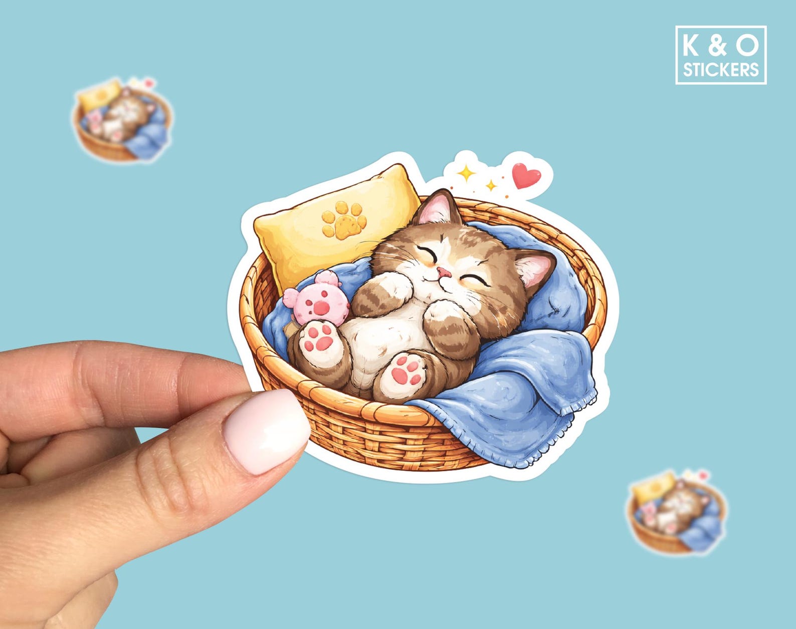 Sleeping Cat Sticker Cute Kawaii Kitten Vinyl Decal, Cozy Cat Basket ...