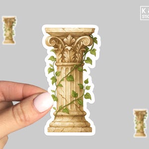 May include: A sticker featuring a detailed illustration of a classical column with intricate carvings and green ivy vines. The column is in shades of beige and tan, with the text "K & O STICKERS" in the upper right corner.