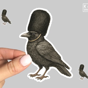 May include: A sticker featuring a detailed illustration of a black crow wearing a tall, black hat and a gold collar. Two smaller crow stickers are also visible. The sticker has a white border and the text "K & O STICKERS".