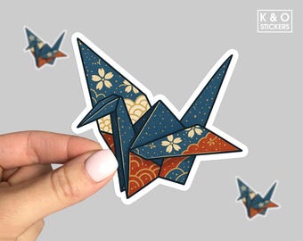 Origami Crane Sticker – Japanese Washi Chiyogami Pattern, Indigo & Vermilion Paper Crane Vinyl Decal