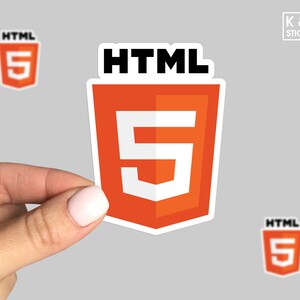 May include: A sticker with the HTML5 logo. The logo is a white number 5 inside an orange shield with the text "HTML" in black above the shield.