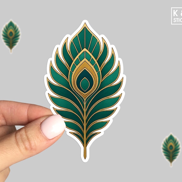 Art Deco Peacock Feather Sticker – Teal Emerald & Antique Gold Geometric Decal | Vintage Glam Laptop/Water Bottle Sticker