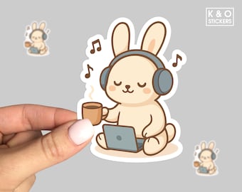 Kawaii Bunny Sticker – Cute Relaxed Rabbit with Headphones, Coffee & Laptop – Cozy Aesthetic Vinyl Decal