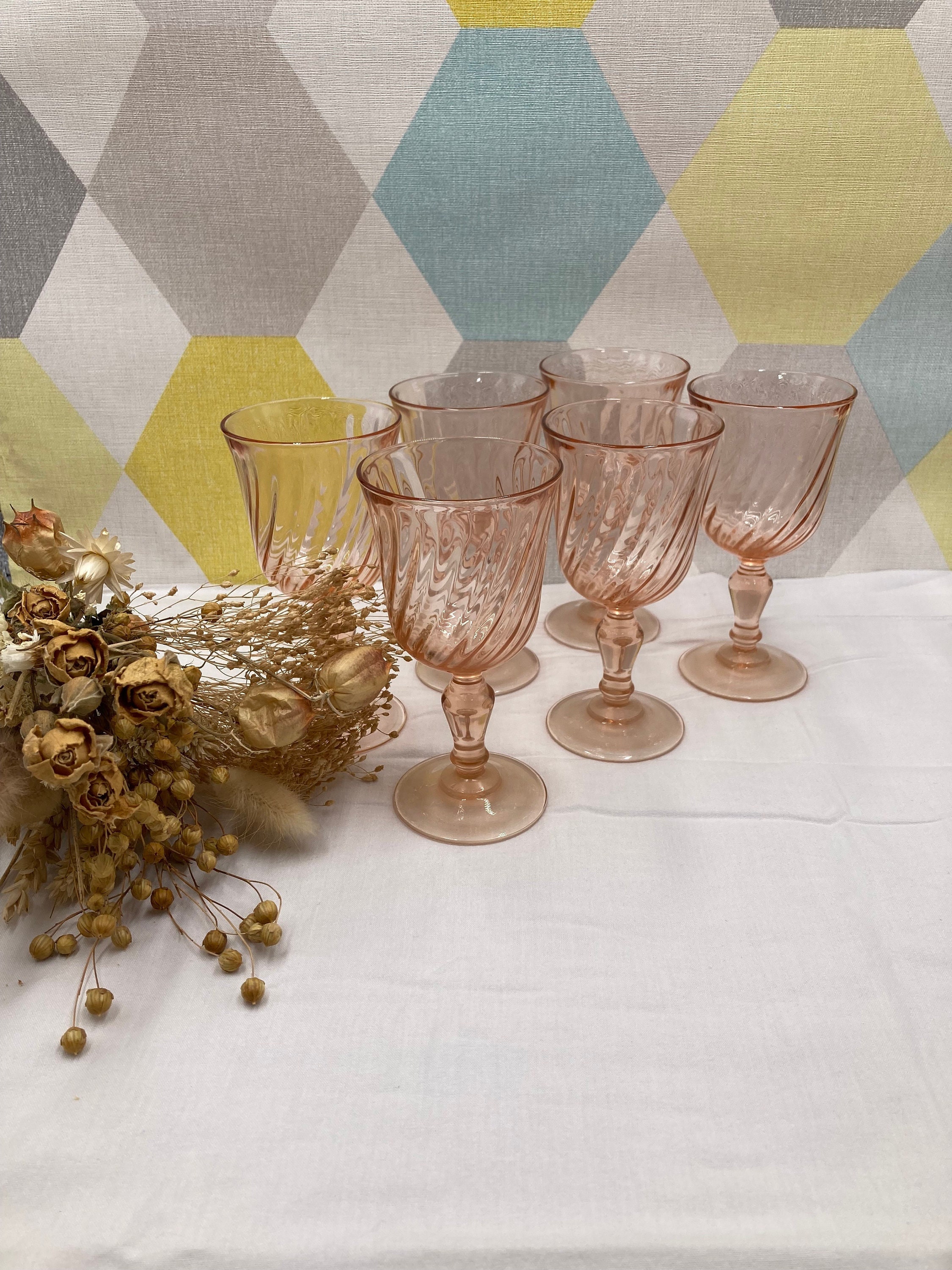 Vintage Arcoroc Rosaline Set Verres A Vin/Champagne Wine Glasses Rose Pink