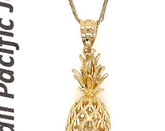 14 Karat Solid Yellow Gold Hawaiian 3D Pineapple with Diamond Cut Pendant 3XL, 2XL, Extra Large, Large, Medium, Small
