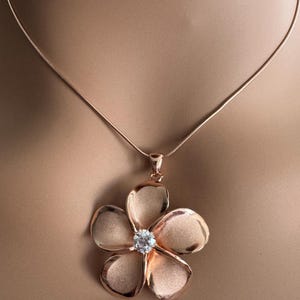 Hawaiian 30mm Plumeria Flower With Cubic Zirconia Pendant Necklace in Rose Gold Sterling Silver Rhodium