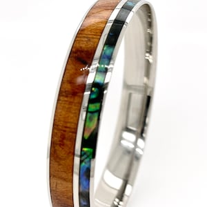 Hawaiian 12mm Double Koa Wood and Abalone Shell Bangle Bracelet Silver Stainless Steel Women Size 7.5&quot;, 8&quot;, 8.5&quot;.