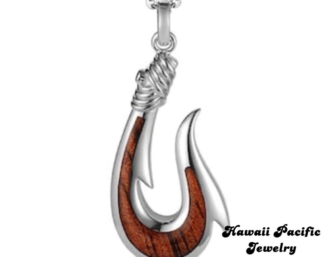 Beautiful Hawaiian Koa Wood Fish Hook Pendant in Solid Sterling Silver