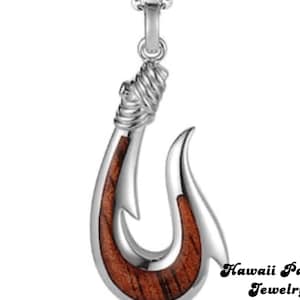 Koa Wood Fish Hook Pendant: Sterling Silver Hawaiian Necklace
