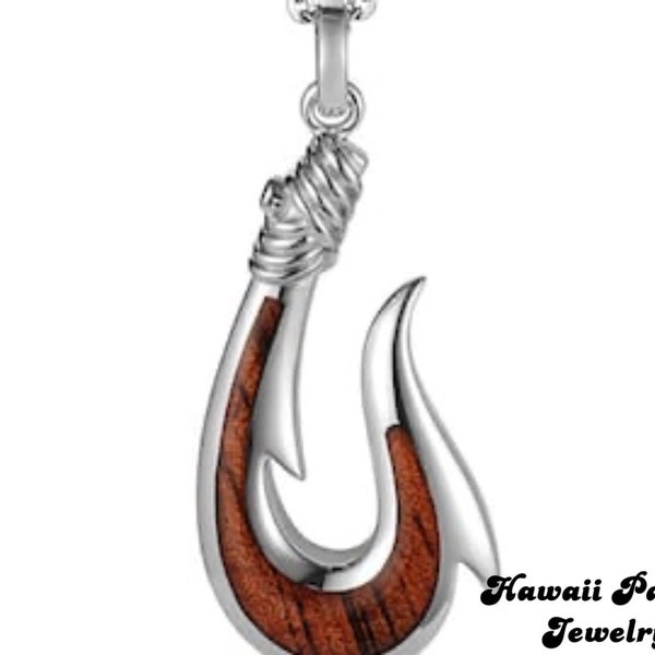 Beautiful Hawaiian Koa Wood Fish Hook Pendant in Solid  Sterling Silver With Box Chain