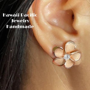Solid Sterling Silver 18mm Hawaiian Plumeria Flower with Cubic Zirconia Stud Earrings in Rose Gold Rhodium