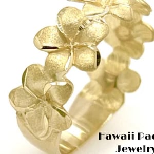 14K Solid Gold Hawaiian Plumeria Flower Ring: Diamond Cut Lei Band