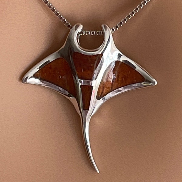 Solid Sterling Silver Hawaiian Genuine Koa Wood Manta Ray Pendant With Box Chain Rhodium Medium Manta Ray And Large Manta Ray