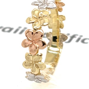 Heavy Weight 14 Karat Solid Tricolor Gold Hawaiian 6mm Plumeria Flower Lei Ring Sandblast With a High Polished Edges