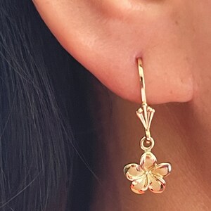 14 Karat Solid Yellow Gold Hawaiian 10mm Plumeria Flower Lever Back Dangle & Drop Earrings Sandblast with a High Polished Edge