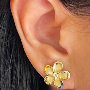 Solid Sterling Silver 15mm Hawaiian Plumeria Flower with Cubic Zirconia Stud Earrings