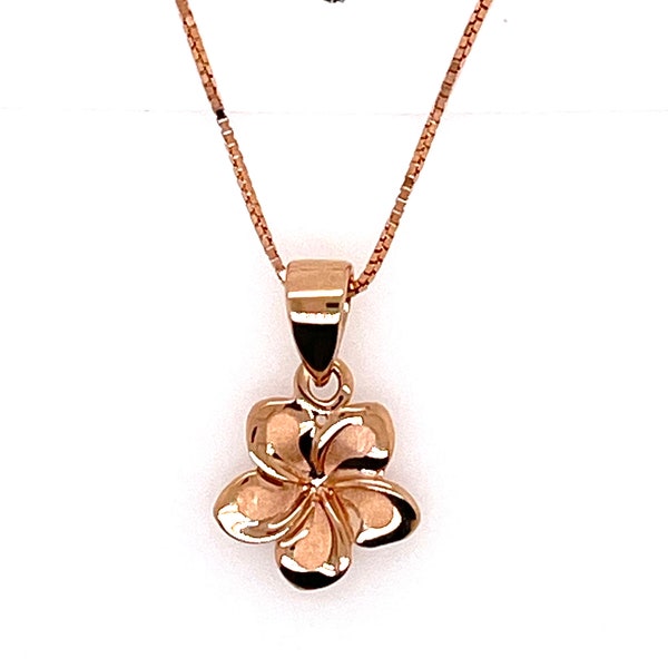 14 Karat Solid Rose Gold Hawaiian 10mm Plumeria Flower Pendant Necklace 18" Diamond Cut Link Chain or Diamond Cut Box Chain