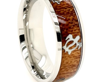 Hawaiian Ocean Sea Turtle With Koa Wood Silver Stainless Steel 8mm Band Ring Men and Women Size 6 - 14