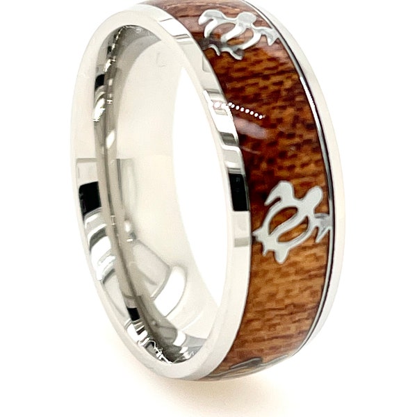 Hawaiian Ocean Sea Turtle With Koa Wood Silver Stainless Steel 8mm Band Ring Men and Women Size 6 - 14