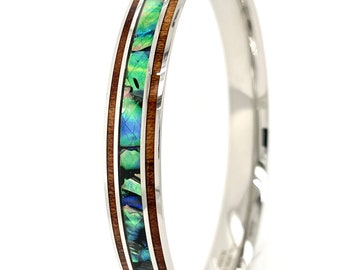 Hawaiian Abalone Shell Bangle: Koa Wood Inlay, Stainless Steel