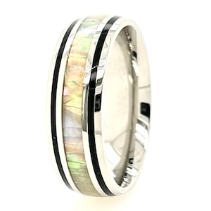Hawaiian White Fire Opal With Black Enamel Silver Stainless Steel 8mm Band Ring For Men & Women Size 5 - 14