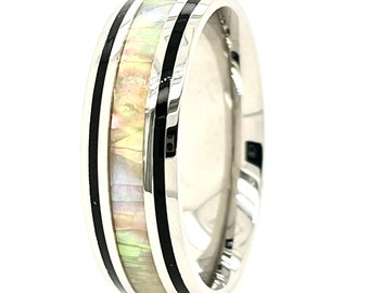 Hawaiian White Fire Opal With Black Enamel Silver Stainless Steel 8mm Band Ring For Men & Women Size 5 - 14