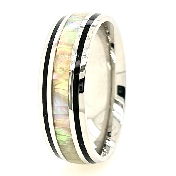 Hawaiian White Fire Opal With Black Enamel Silver Stainless Steel 8mm Band Ring For Men & Women Size 5 - 14