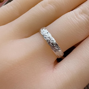 Solid Sterling Silver 4mm Hawaiian Princess Plumeria Scroll Hand Engraved Cut Out Edge Ring Stackable Wedding Band