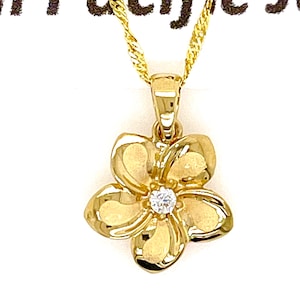 14 Karat Solid Yellow Gold Hawaiian 14mm Plumeria Flower With Cubic Zirconia Pendant Necklace