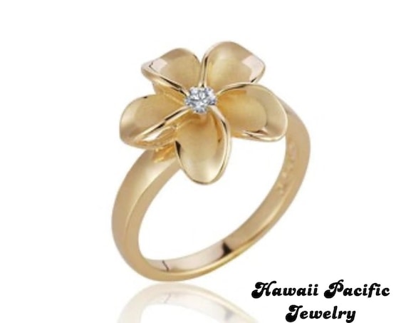 thumbnail image 2 of 925 Sterling Silver Hawaiian Plumeria Flower Ring – Tricolor With CZ – Size 15mm 2 of 4