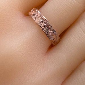 Heavy Weight 14 Karat Solid Rose Gold Hawaiian Heirloom 5mm Princess Plumeria Maile leaf Scroll Hand-Crafted Stackable Wedding Band Ring