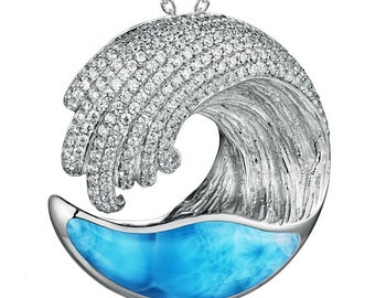 Hawaiian Natural Larimar and Cubic Zirconia Ocean Wave Pendant Sterling Silver Necklace with Box Chain