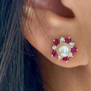 Natural Diamonds, Cultured Pearl Ruby Stud Earrings: 14KT Solid Yellow Gold