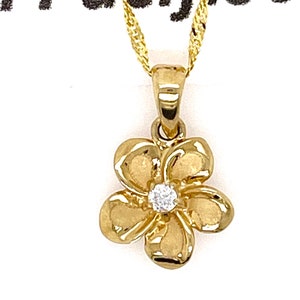 14 Karat Solid Yellow Gold Hawaiian 12mm Plumeria Flower With Cubic Zirconia Pendant Necklace