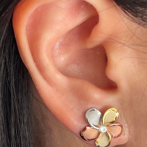 Solid Sterling Silver 15mm Hawaiian Plumeria Flower with Cubic Zirconia Stud Earrings in Tricolor Gold